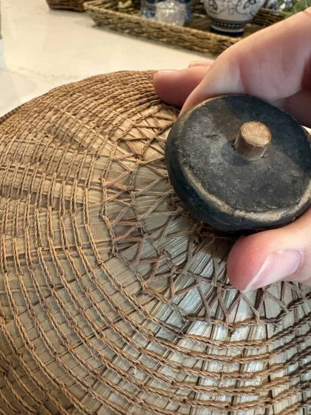 Vintage Handwoven Bamboo Conical Hat Boho Wall Decor Folk Art Woven Basket